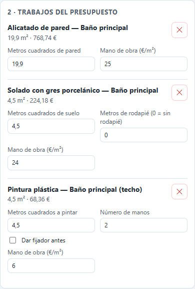 Lista de trabajos añadidos, con sus medidas y el precio de la mano de obra