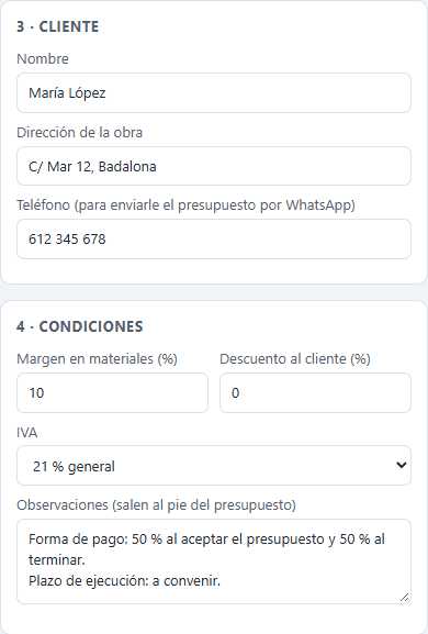 Cuadros de cliente y condiciones rellenados