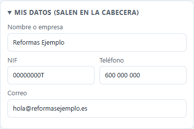 Cuadro «Mis datos» con nombre, NIF y teléfono